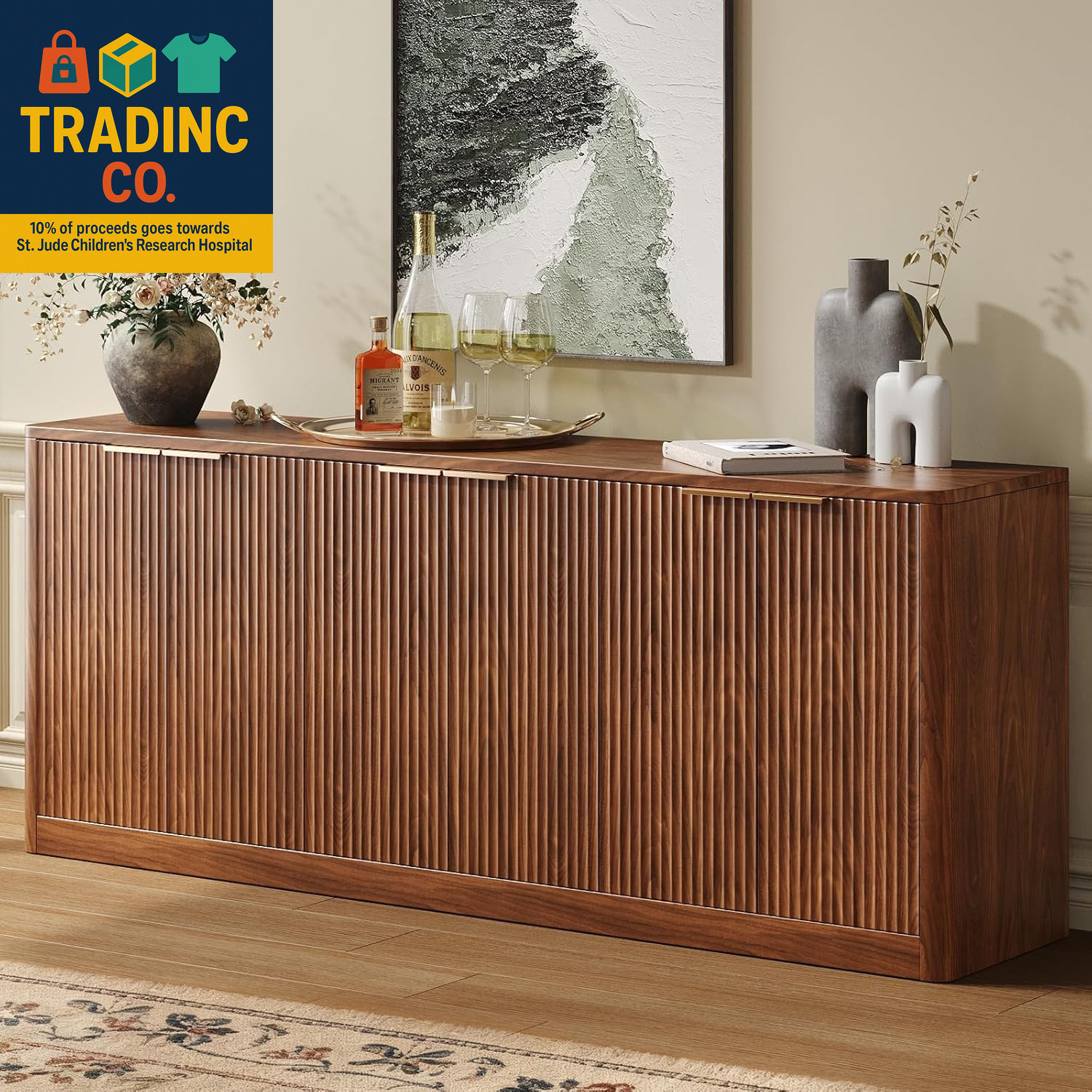 67" Fluted Walnut Buffet Cabinet Sideboard with Storage, Lar