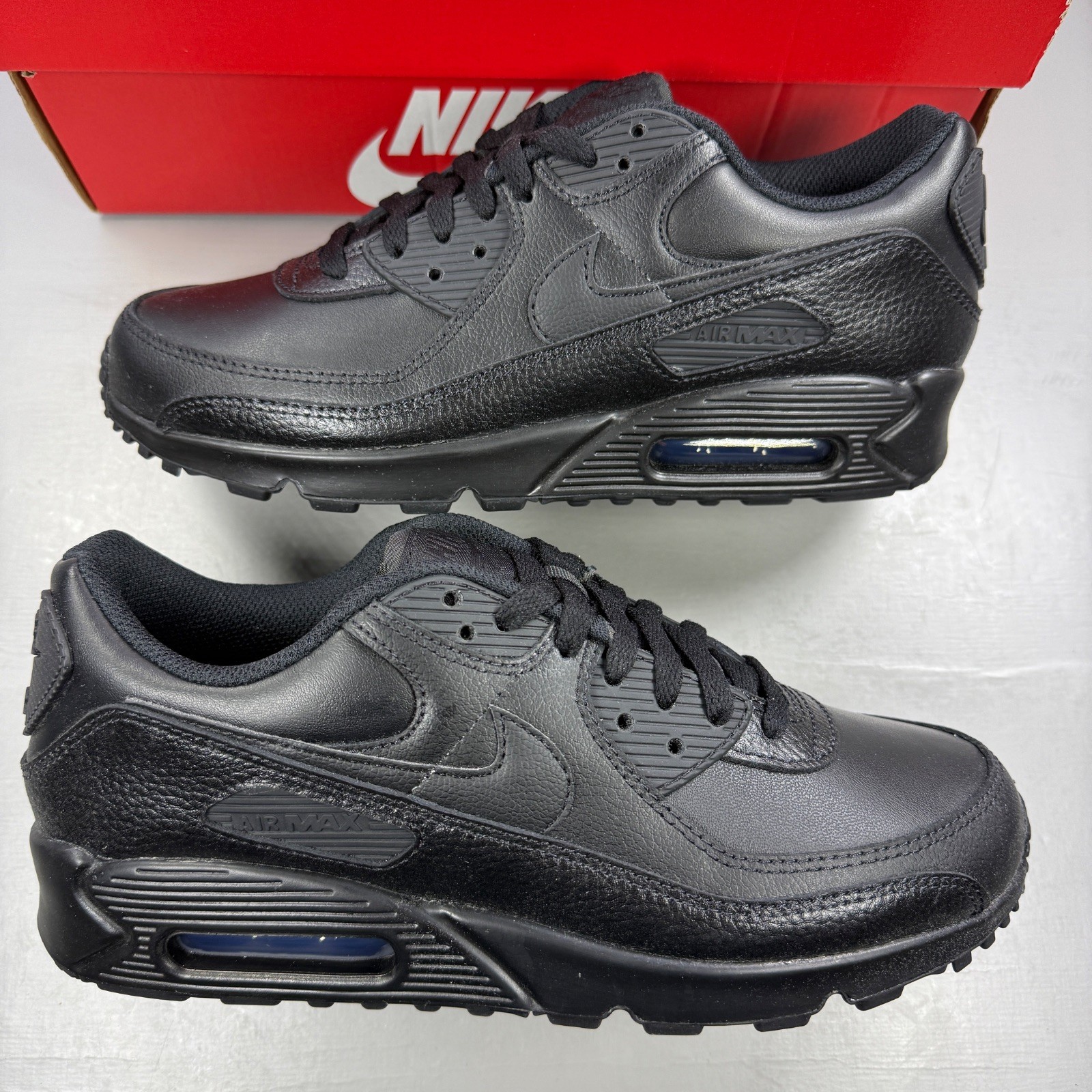 Nike Air Max 90 LTR Size UK 8.5 Triple Black Leather Men's Trainers CZ5594-001