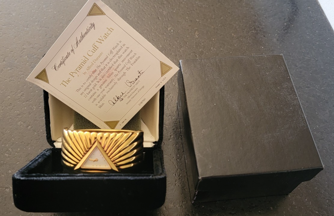 Vintage Franklin Mint 1988 Ladies Pyramid Cuff Bracelet Watch by