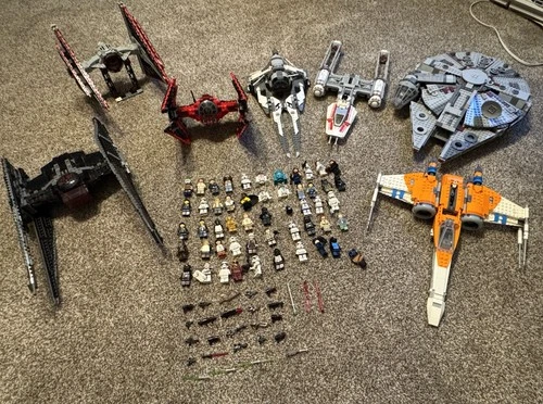 LEGO Star Wars Complete Sets Lot with Ships, Minifigures, and Accessories.