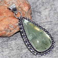 925 Silver Plated Moss Prehnite Jewellery Pendant Handmade Size 2.1" MJ