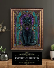Art Nouveau Cat Print Black Cat Teal Purple Gothic Stained Glass Style