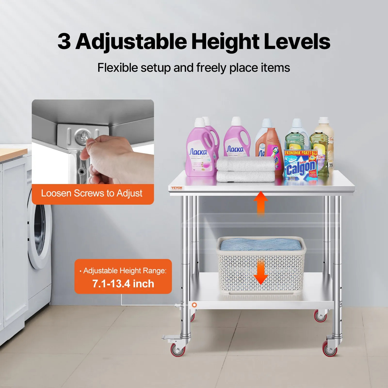 Tavolo da Lavoro Acciaio Inox 90x60cm con Ruote Professionale Portata 204Kg foto 5