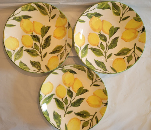 3 ct Home Essentials Pasta Bowls Lemons 9.5” Made in Portugal Green Rim Lemon