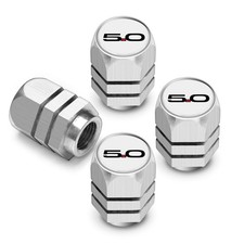 Ford Mustang 5.0 In White On Silver Chrome Hexagon Aluminum Tire Valve Stem Caps