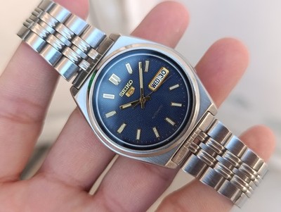 Vintage Seiko 5 Automatic 21J Day-Date Blue Dial SS Men's Japanese Wristwatch