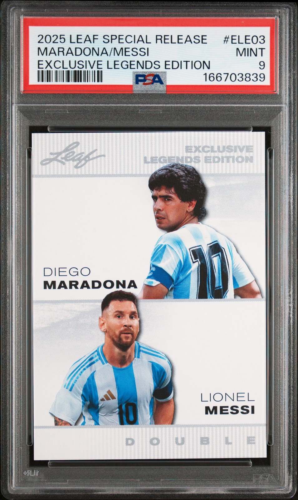 2025 LEAF SPECIAL RELEASE EXCLUSIVE LEGENDS ED DIEGO MARADONA/LIONEL MESSI PSA 9
