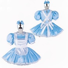 French Maid Girl Sissy lockable Blue Satin Dress cosplay costumes