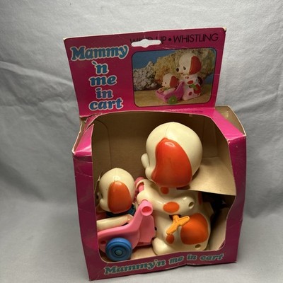 Vintage ''Mammy 'n me in cart'' wind-up toy, featuring a dog pushing a puppy 