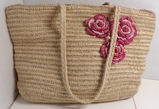 Vintage Woven Straw Handbag Tote w/ Coin Purse Pink  White Flowers