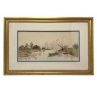 Antique 1913 Viola Kleinke Watercolor Painting Framed Waterfront Landscape Boats