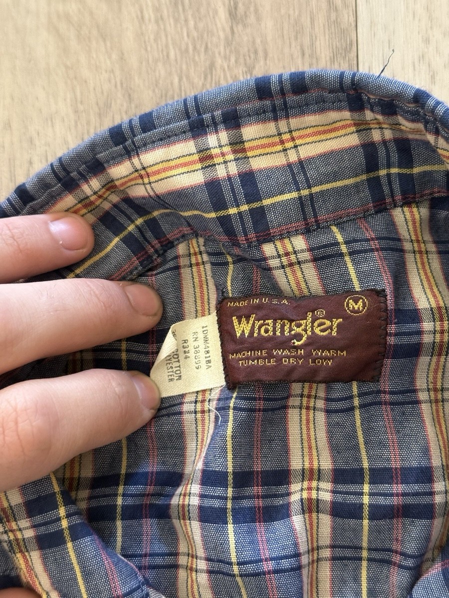 Vintage 70s Wrangler Burgundy Gold Tag Made In USA Western Plaid
