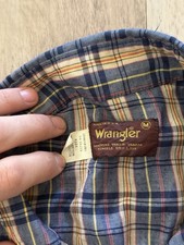 Vintage 70s Wrangler Burgundy Gold Tag Made In USA Western Plaid Pearl Snap