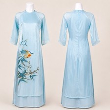 Vietnamese Ao Dai Dress Blue Bird Floral Organza Sheer Maxi Gown M No Pants