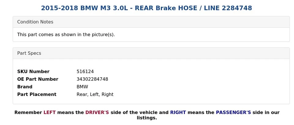 BMW M3 2015-2018 3,0 L - Manguera de freno trasero / línea 2284748 Foto 4 de 4