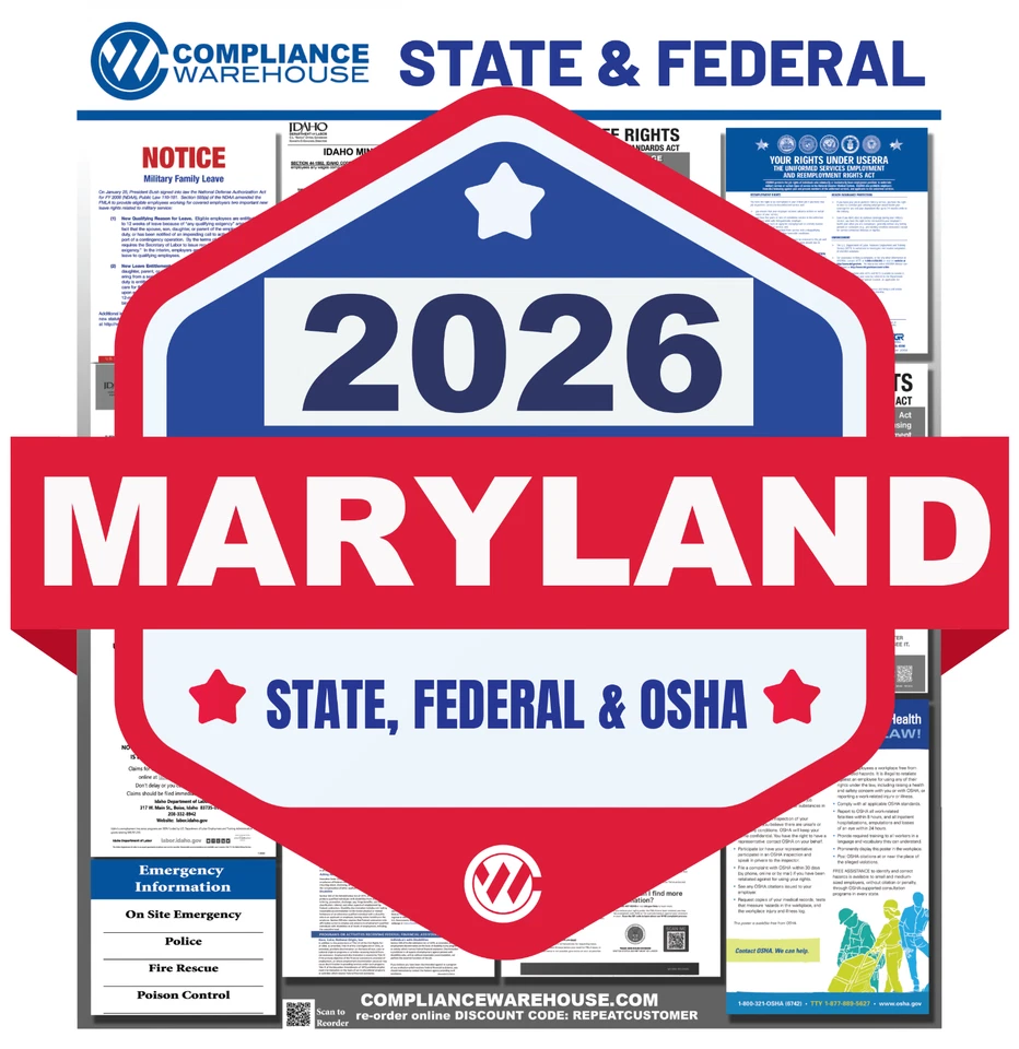 COMPLIANCE WAREHOUSE 2026 Maryland MD State/Fed Labor Law All In 1 Compliance Poster Paper/Laminated