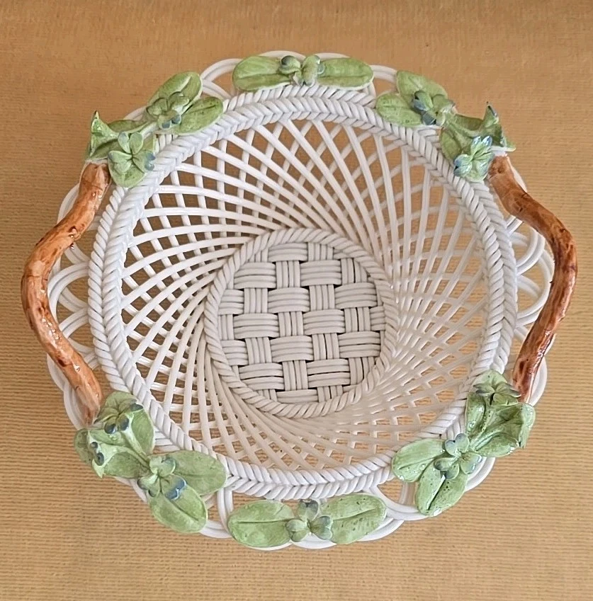 Antique Belleek Irish Porcelain Intricate Basket Weave w/ Shamrocks - Image 2 of 4