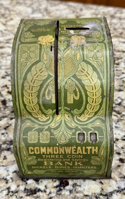 1905 Commonwealth Three Coin Bank Registering Bank by Chas. Shonk Co. - 5” High