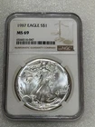 1987 Silver Eagle  NGC MS 69 Brown Label ~ Pristine ~ NO SPOTS (047)