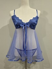 VTG Frederick s Of Hollywood Size LG Periwinkle Sheer Embroidered Babydoll Set