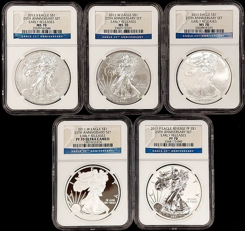 2011 Silver Eagle 5 pc. 25th Anniversary set certified MS/PF 70 UC/PF 70 by NGC!