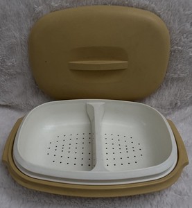 Vintage Tupperware Microwave Steamer Oval Harvest Gold Strainer Lid 4-Pc Set