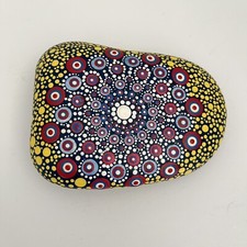 Dot Mandala Hand Painted Art Stone Yellow/Red/Navy Blue One Of A Kind 6 Inches