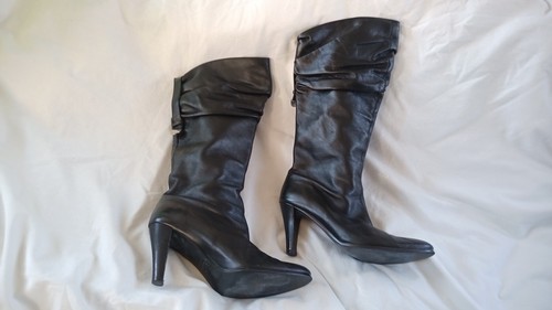 Size 7 Sachi Black Leather Knee Calf High Heel Boots Style Sophistication Beauty