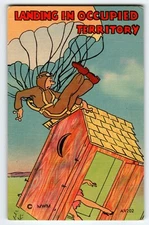 US Military Army Man Paratrooper Lands On Outhouse 1940's War Linen WW2 1944