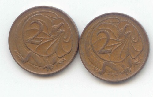 AUSTRALIA Two 1966 2 Cent Frill-necked Lizard 2c Exact Set - 2 Coins - Picture 2 of 2