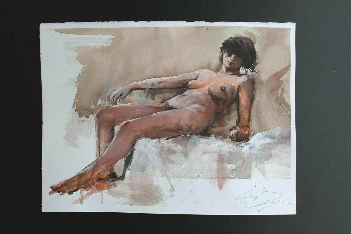 Pintura Acuarela Original Retrato Dibujo Mujer Desnuda Cuerpo Modelo... |  eBay