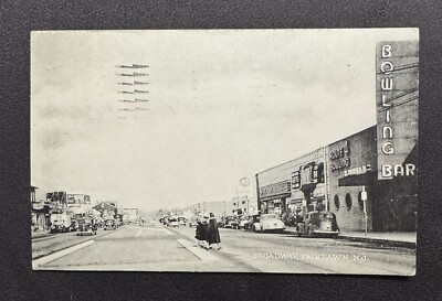 Fair Lawn, NJ 1950 Postcard View of Broadway, Route 4 Bowling Alley, A&P, Stores