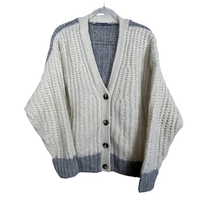 Zara Chunky Cardigan Sweater Wool Alpaca Blend Colorblock Ivory
