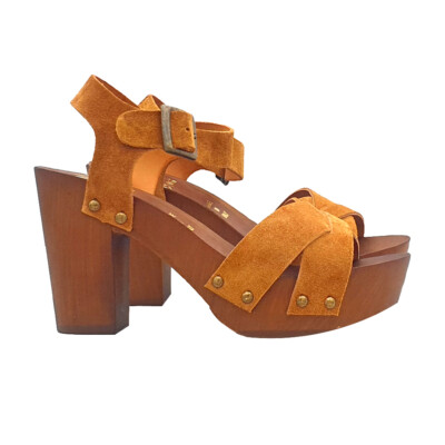 Women's Wide Heel Leather Open Toe Cross Band Sandals - MY140 CAM LEATHER