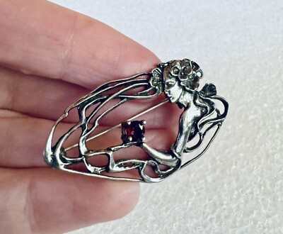 Vintage Art Nouveau Sterling Silver 925 Pin Brooch Woman’s Face Garnet  Stone