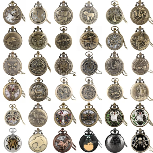 Vintage Pocket Watch Chain Animal Theme Necklace Chain Quartz Movement Watches