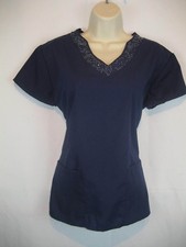 Womens Green Town Navy SS Cotton Medical Scrub Top sz XS