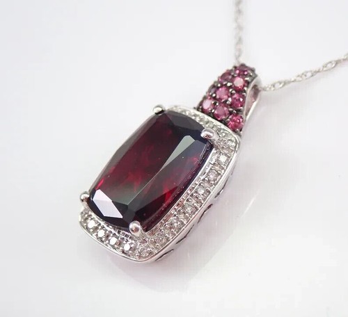 2Ct Cushion Cut Lab-Created Red Garnet Halo Pendant 14K White Gold Plated 18'' - Picture 4 of 7