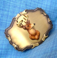 Buck Deer Stag Belt Buckle Hunter Sportsman 3D Enameled Vtg 70s Raintree .GMP117