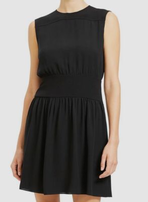 $587 Theory Womens Black Crew-Neck Sleeveless Shirred A-Line Silk Shift Dress 4