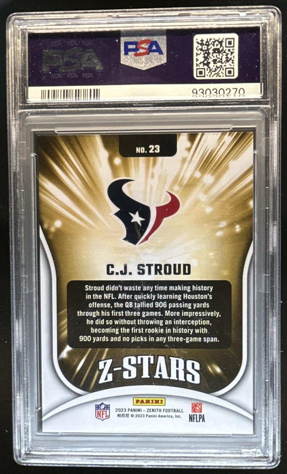 2023 Panini Zenith C.J. Stroud Z Stars Rookie RC #23 Texans PSA 9 view 2