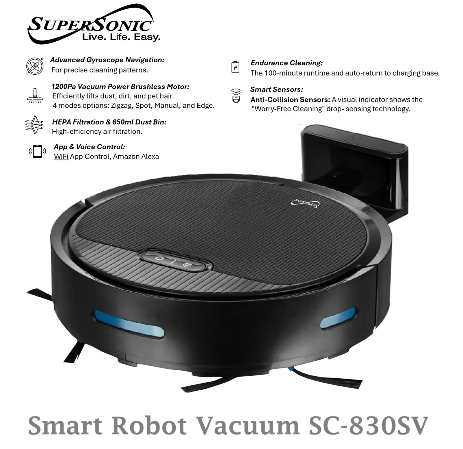 Supersonic SC-830SV Smart Robot Vacuum: Gyroscope, WiFi, Alexa & 1200Pa Suction
Opens in a new windo