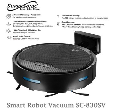 Supersonic SC-830SV Smart Robot Vacuum: Gyroscope, WiFi, Alexa & 1200Pa Suction