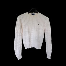 Y2K Ralph Lauren Cream Cable Knit Cotton Crewneck Sweater Sz L Pony Logo