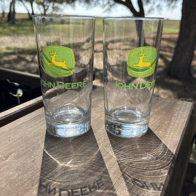 John Deere RARE High Ball Drinking Glass Clear Tall Green John Deere Emblem