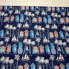 Beach Houses Sail Boats Palms on Navy Cotton Fabric 1 Yd 7 X 44