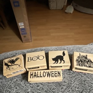 Craft Smart Halloween Wood & Rubber Stamp Lot Bat BOO Black Cat Happy Halloween