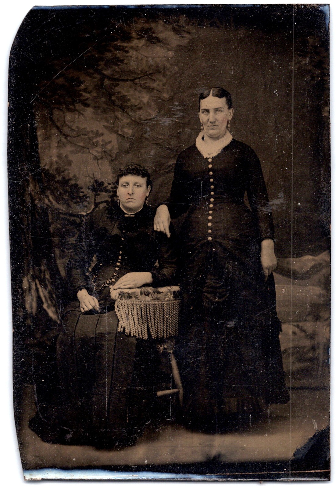 ANTIQUE 1/6th Plate TINTYPE CIRCA 1870s Two Ladies in Fancy Dresses
