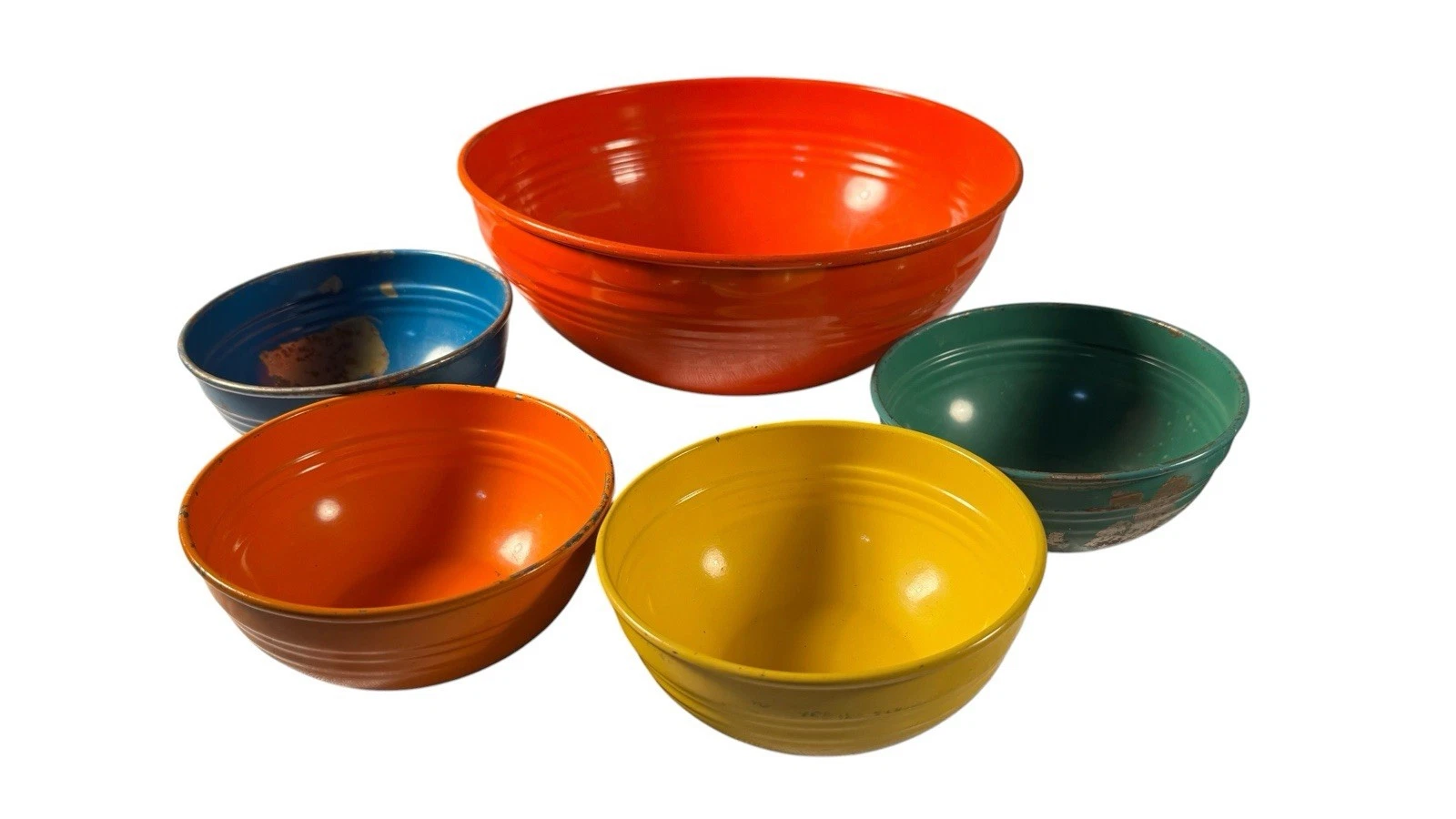 1950s Fiesta Go Along Enamel Popcorn Bowl Set 4 Nesting Bowls Orange Blue Yellow