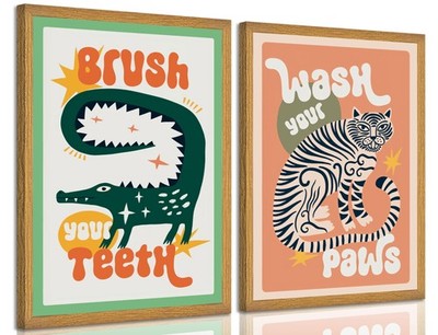 2PCS Framed Funny Bathroom Animal Canvas Wall Art Tiger Wash Your Paws Poster...